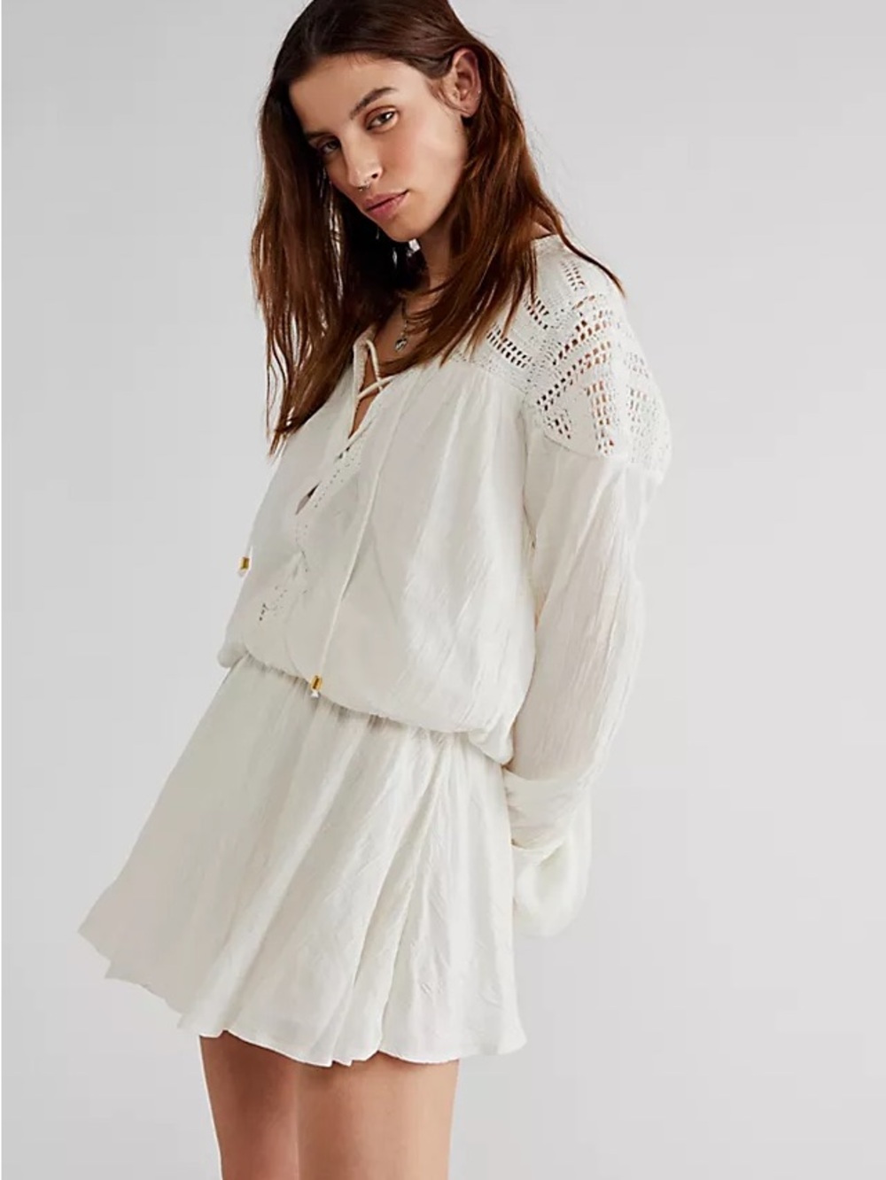 Free People White Boho Layla Crochet Yoke Long Sleeve Dress